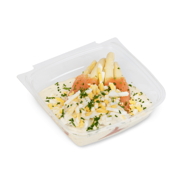 Verse asperge-zalmrolletjes met bieslookvinaigrette