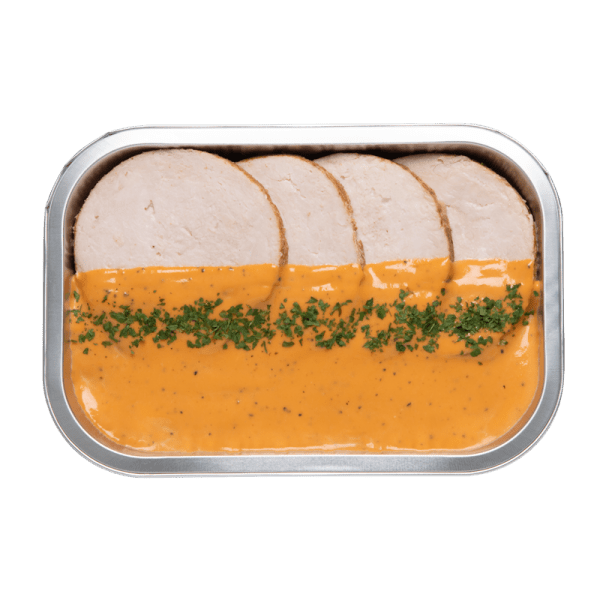 Gebakken kalkoenfilet in roze pepersaus